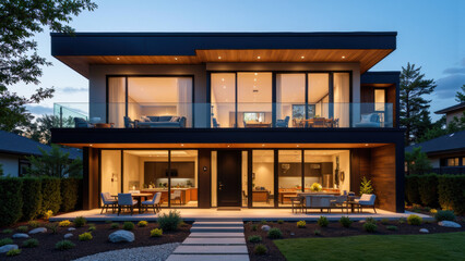Obraz premium Modern house with large windows, outdoor seating, and landscaped garden, showcasing contemporary architecture and evening