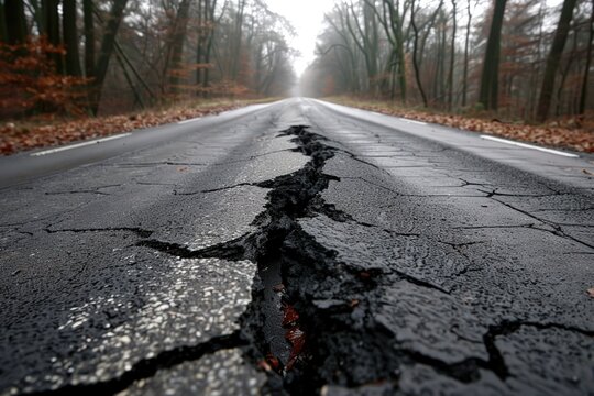 A cracked road stretches through a misty forest, with autumn leaves scattered along the edges, highlighting signs of damage and neglect.