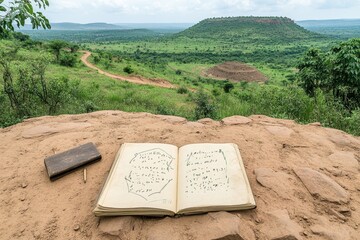 A field journal filled with sketches and notes from an archaeologist documenting their latest findings