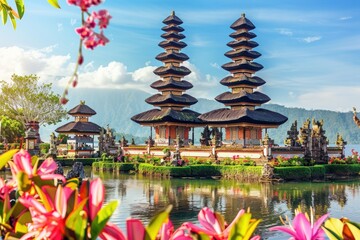 A serene landscape featuring traditional Balinese temples with tiered roofs, surrounded by vibrant flowers and a tranquil lake under a clear blue sky.