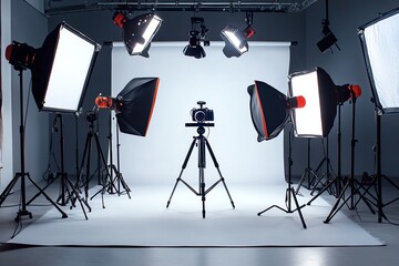 Camera on Tripod in Photography Studio with Lighting Equipment