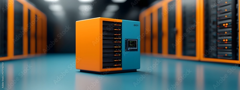 Poster visually striking image of a modern high tech data center featuring a compact streamlined server rac