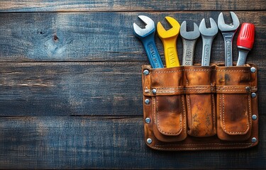 Colorful wrenches in a leather tool belt on rustic wooden background, showcasing a blend of utility and style.