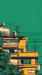 Yellow building, city skyline, green background, urban illustration, phone wallpaper