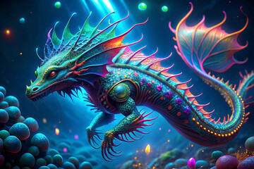 A bioluminescent underwater dragon with neon patterns swimming in the deep ocean