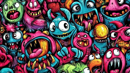 Cute cartoon monsters create a whimsical seamless pattern.