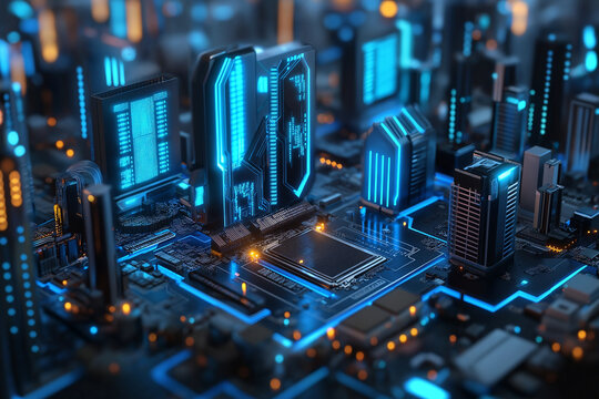 Futuristic digital metropolis, 3d rendered circuitry and motherboard visualization - Information technology and internet of things hub with dynamic data flow animation 