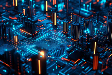 Futuristic digital metropolis, 3d rendered circuitry and motherboard visualization - Information technology and internet of things hub with dynamic data flow animation 