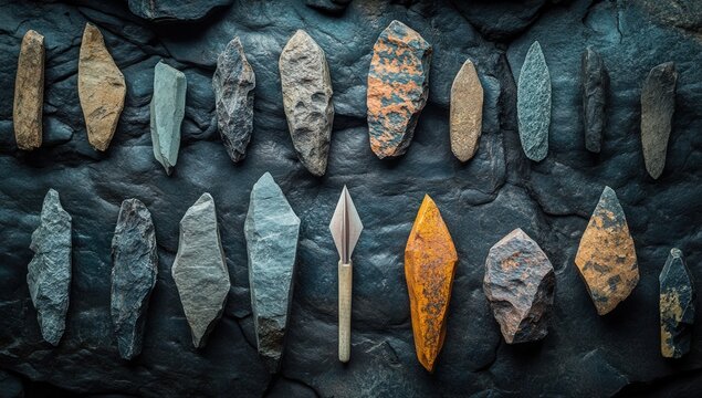 Assortment of ancient stone tools and crafted spearhead on textured rock background.