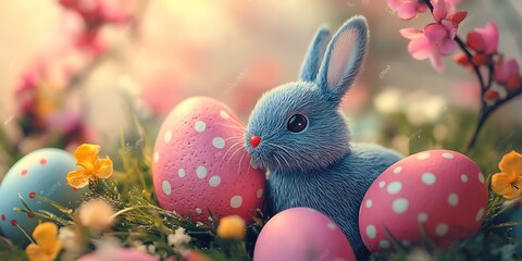 A cute pink toy rabbit and colorful easter eggs in a basket celebrate the spring holiday