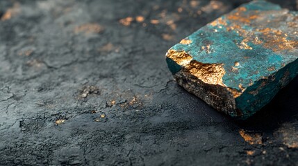 Fototapeta premium Teal Gold Rock Fragment on Dark Textured Background Luxury Design Element