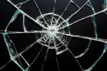 Close-up of a shattered glass surface with intricate cracks radiating from the center.