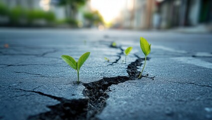 Young green plants sprouting through cracks in asphalt, symbolizing resilience and hope in an urban environment.
