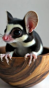 Cute black and white sugar glider perched in a wooden bowl at home during daylight