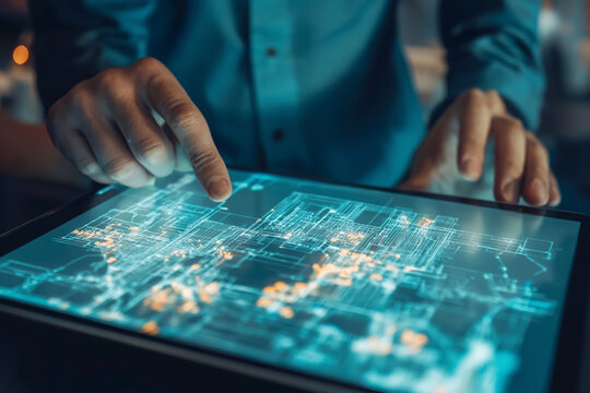 GIS specialist using a tablet with a digital interface overlay showing geospatial data, satellite imagery, technology graphs location analysis, mapping trends, spatial patterns, geographic mapping