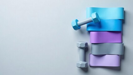Set of fitness rubber bands for sports and dumbbells on gray background, space for text