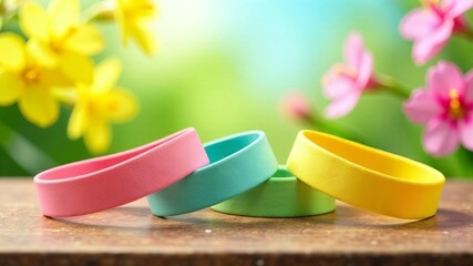 Various rubber fitness bands on blurred floral background