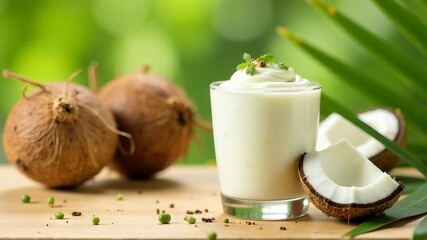 Coconut yogurt in glass on wooden background