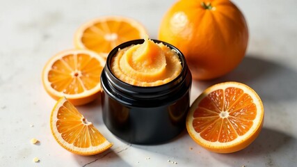 Orange body scrub in jar on white background