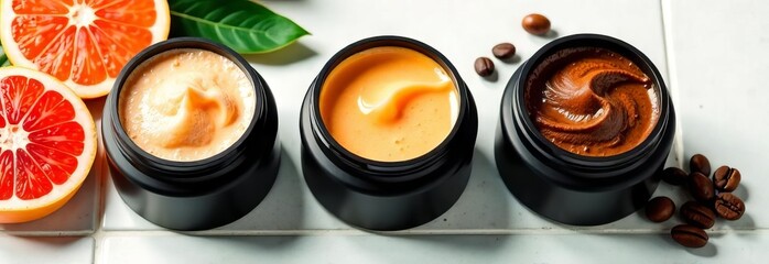 Jars with different body scrubs on white background