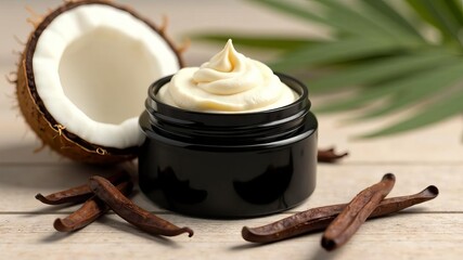 Coconut vanilla body cream on wooden light background