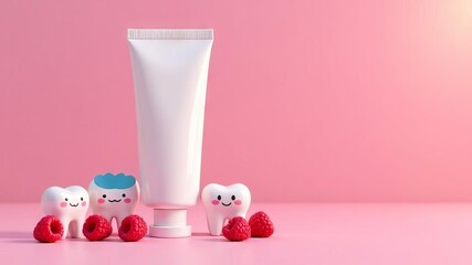 Tube of raspberry toothpaste with cartoon teeth on pink background, space for text