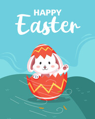 Adorable Easter design featuring a bunny popping out of a cracked red Easter egg on a grassy hill with a bright blue sky. Playful swirls and bold text 