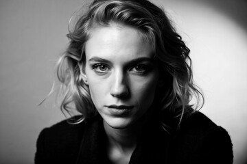 A high-key black and white portrait with a bright white background and soft contrast