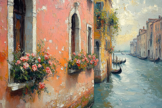 Canal in venice, oil painting illustration