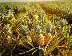 Obraz premium Pineapples growing in a field, A row of pineapples growing on short spiky plants