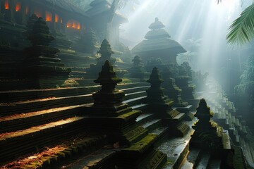 A serene temple scene with rays of sunlight filtering through mist, illuminating ancient stone steps and statues surrounded by lush greenery.