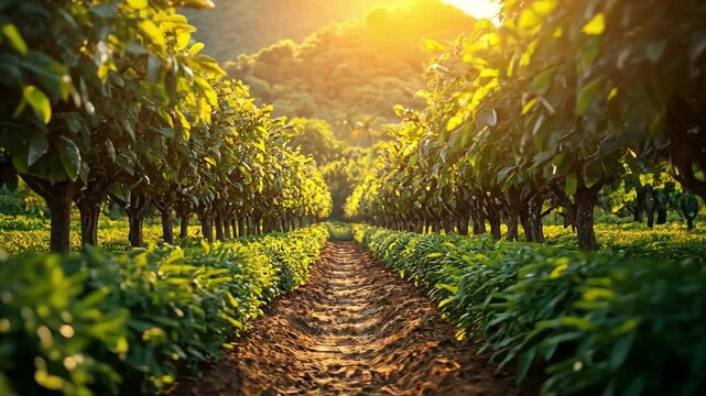 Lush Orchard Landscape: Golden sunlight bathes a meticulously planned orchard, with rows of thriving trees stretching toward the horizon. The view embodies tranquility and abundance.