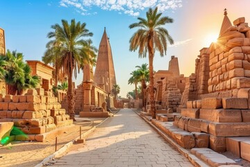 A stunning view of ancient Egyptian architecture featuring towering monuments, palm trees, and a clear blue sky, capturing the essence of historical grandeur.