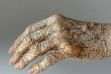 Close-up of an elderly hand with prominent veins and wrinkles, highlighting age and texture.