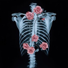 Gothic Skull and Roses, Dark Valentines and Halloween. X-ray of ribcage adorned with blooming roses.