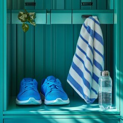 Teal Locker Room with Blue Sneakers, Towel, and Water Bottle