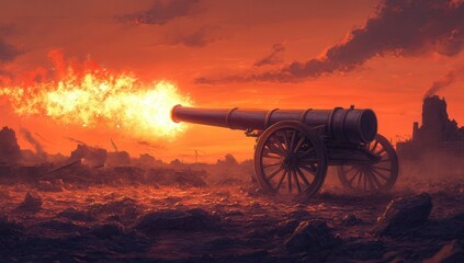 A cannon fires amidst a fiery sunset on a battlefield, creating a dramatic silhouette and intense explosion.