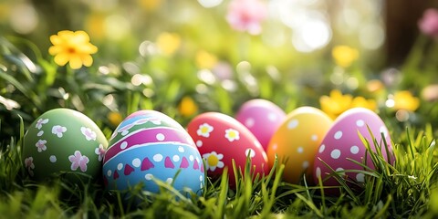 Colorful painted easter eggs nestled in green spring grass suggest a cheerful holiday celebration in nature