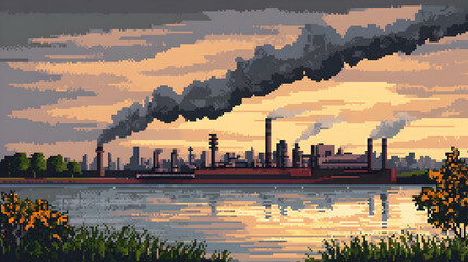 Pixelated Industrial Factory Emitting Smoke Near River at Sunset with Reflective Water and Green Grass