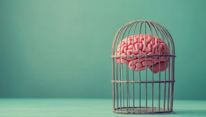 Conceptual image of a human brain enclosed in a cage against a teal background, symbolizing restricted thinking.
