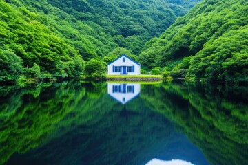 Fototapeta premium House reflecting on water surrounded by green, lush mountain vegetation