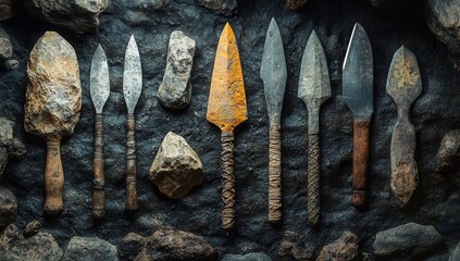 Collection of ancient stone tools and weapons displayed on a textured dark background.