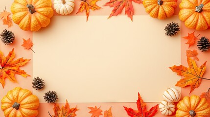 Autumn pumpkins, leaves, and cones border. Empty frame. Stock photo
