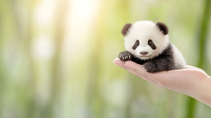 Baby panda peacefully rests on the palm of a human hand