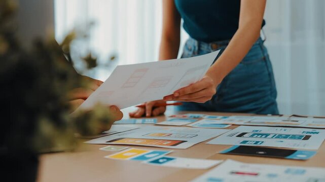 Excellent startup company employee presenting user interface prototype for mobile application to smart co-worker in office workspace. UX UI designer explain function of icon design on paper. Synergic