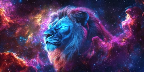 Celestial King: A majestic lion is set against a vibrant space, embodying strength and serenity, captivating the gaze with its luminous aura.