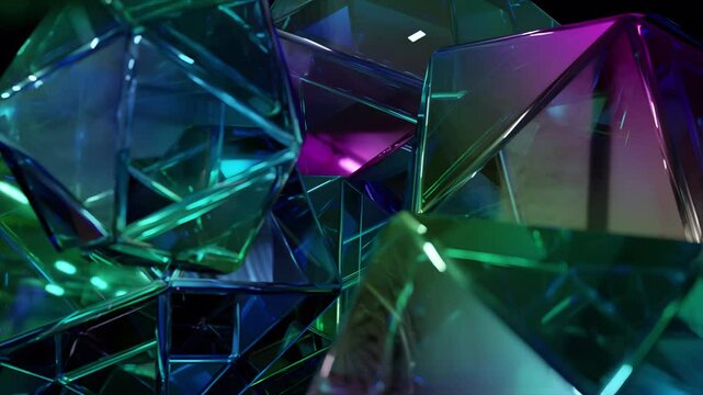 Modern background with polygonal crystals. An abstract 3D geometric gem design. The looping animation of diamond reflection crystals.