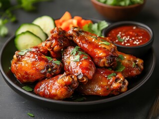 Fototapeta premium Delicious Chicken Wings: Tempting image of perfectly cooked chicken wings, glistening with a savory glaze, presented alongside fresh vegetables and a zesty dipping sauce.
