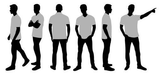 Silhouettes of casual man character in different poses. Young man standing front, back, rear, side view, pointing, walking. Vector black and gray monochrome illustrations isolated on white background