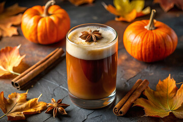 A pumpkin spice nitro cold brew, served with a smoky cinnamon stick and a delicate autumn leaf garnish